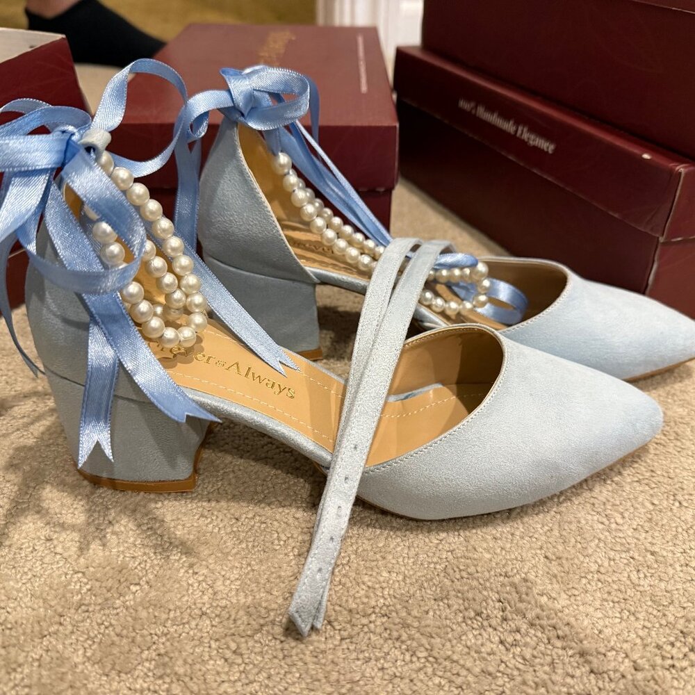 Brand New Forever & Always - Blue Miranda Low Block Heels with Pearls - Size 8.5